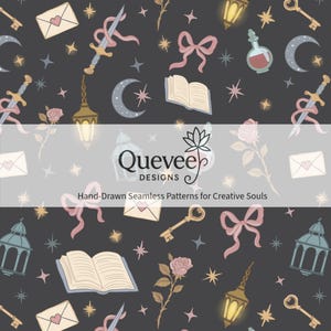 May include: Seamless pattern with a dark gray background featuring hand-drawn illustrations of books, swords, keys, roses, bows, lanterns, potion bottles, envelopes, moons, and stars. The text "Quevee Designs" and "Hand-Drawn Seamless Patterns for Creative Souls" are also present.
