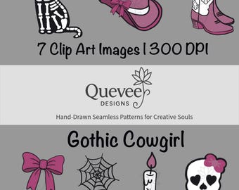 Gothic Cowgirl Clip Art: Pink & Black Western Skulls, Boots (PNG Digital Download)