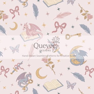 Dragon Romantasy handgetekende naadloze patroon: leesgrage digitaal papier (directe download png + jpg)