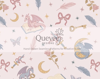 Dragon Romantasy Hand-Drawn Seamless Pattern: Bookish Digital Paper (Instant Download PNG + JPG)