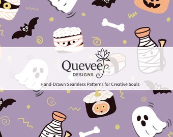 Spooky Sushi Seamless Pattern: Halloween Kawaii Food (PNG & JPG Digital Download