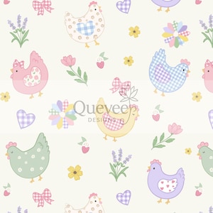 May include: A repeating pattern on a cream background featuring colourful chickens, lavender sprigs, small flowers, gingham hearts, pink bows, and strawberries. The text Queveer DESIGNS is centred in the middle of the pattern in a dark grey font.