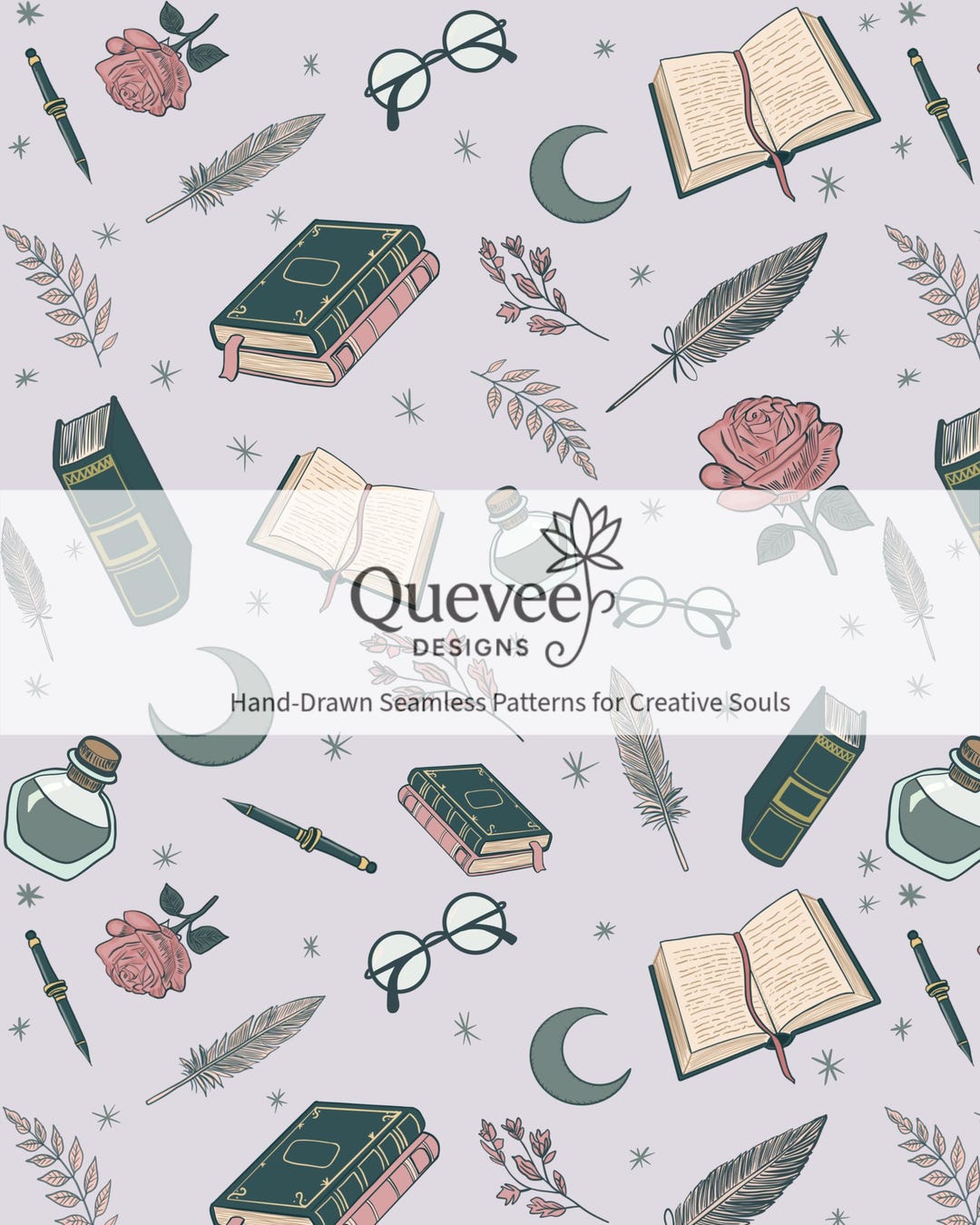 Bookish Dreams Hand-drawn Seamless Pattern | Cozy Pastel Digital Paper ...