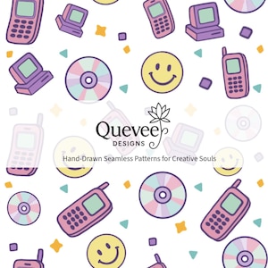 May include: Seamless pattern featuring pink flip phones, purple desktop computers, CDs, and yellow smiley faces on a white background. The pattern includes small square and star shapes. The text "Quevee Designs" and "Hand-Drawn Seamless Patterns for Creative Souls" are also present.