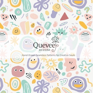 Puede incluir: Un patrón sin costuras con formas dibujadas a mano en colores pastel. El diseño incluye círculos, flores y formas abstractas con caras sonrientes y el texto "Quevee Designs: Hand-Drawn Seamless Patterns for Creative Souls".