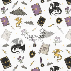 May include: White background with a repeating pattern of fantasy-themed illustrations. Includes dragons, books, scrolls, daggers, shields, flowers, clouds, lightning bolts, and inkwells. The text "Quevee Designs" is also present.
