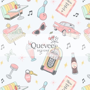 May include: A repeating pattern of retro diner and bowling alley elements. Includes a pink jukebox, classic car, bowling pins, a diner sign, and a menu with burgers, fries, shakes, pie, and floats. Musical notes and starbursts complete the design.