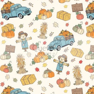 May include: A repeating pattern on a cream background featuring light blue vintage pickup trucks carrying orange pumpkins, yellow hay bales, scarecrows in blue overalls, corn stalks, and wooden signs with the text HELLO FALL in black letters.