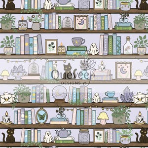 Könnte beinhalten: Ein sich wiederholendes Muster mit hölzernen Bücherregalen, gefüllt mit bunten Büchern, Topfpflanzen, schwarzen Katzen, Geistern, Kristallen, Kerzen, Teekannen und gerahmter Kunst. Der Text Quevee DESIGNS ist in der Mitte des Bildes zu sehen.