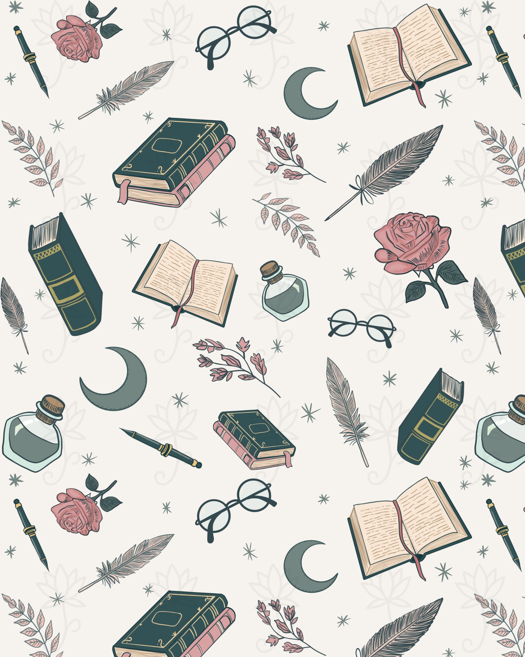 Bookish Dreams Hand-drawn Seamless Pattern | Cozy Pastel Digital Paper ...