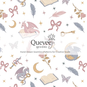 Dragon Romantasy Light | Hand-Drawn Seamless Pattern: Bookish Digital Paper (Instant Download PNG + JPG)