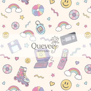 May include: A repeating pattern with 90s-themed illustrations. The design includes roller skates, rainbows, smiley faces, a computer, a flip phone, a floppy disk, a cassette tape, and a Tamagotchi. The colour palette is pastel with pink, blue, yellow, and purple.
