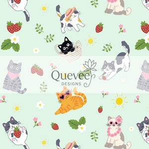 May include: A repeating pattern featuring cartoon cats in various poses on a light green background. The cats are depicted with strawberries, sunglasses, and hats. The design includes flowers, leaves, and suns. The text "Quevee Designs" is also present.