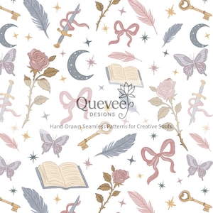 May include: A seamless pattern featuring hand-drawn illustrations of books, roses, butterflies, keys, feathers, bows, swords, moons, and stars in soft pastel colors. The text "Queveep Designs" and "Hand-Drawn Seamless Patterns for Creative Souls" are also present.