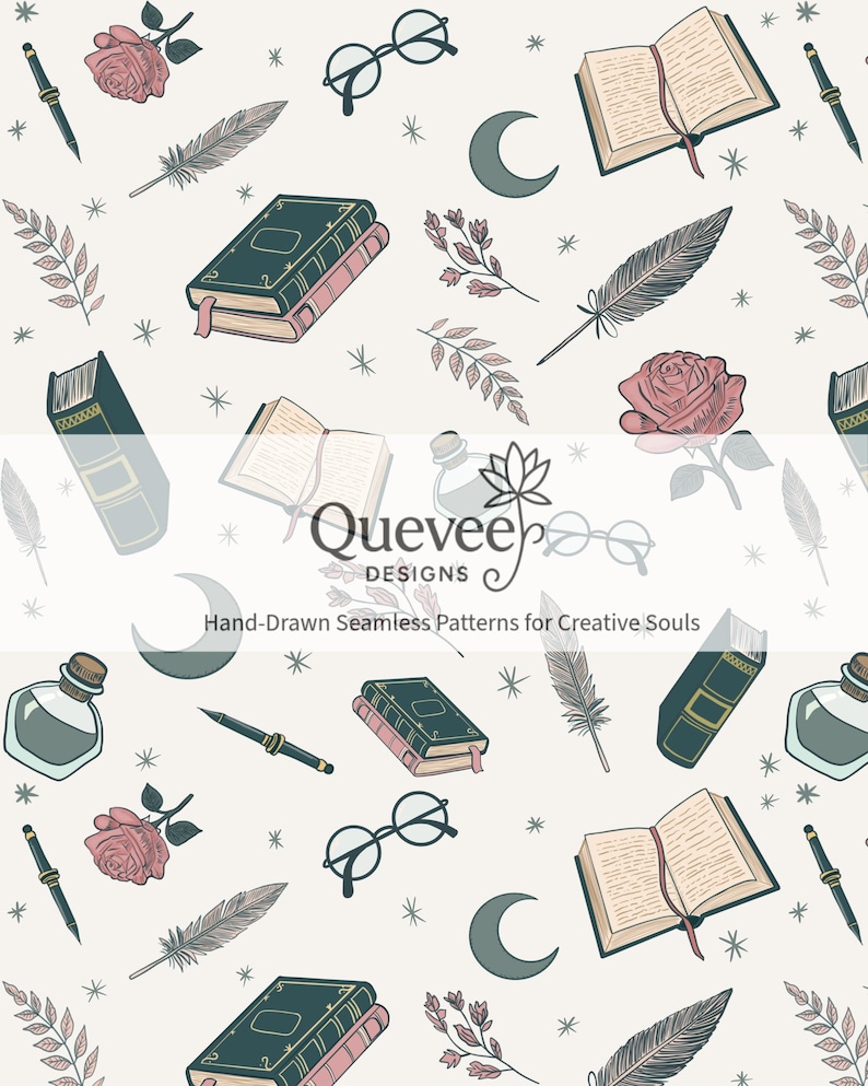 Bookish Dreams Hand-drawn Seamless Pattern | Cozy Pastel Digital Paper ...