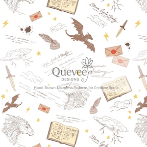 Dragon Academy Seamless Pattern | Hand Drawn Bookish PNG (Digital Download)