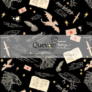 Dragon Academy Seamless Pattern | Hand Drawn Romantasy Digital Paper (PNG + JPG)