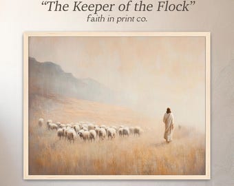 The Keeper of the Flock, LDS Art, Jesus Christ with Sheep Artwork, Christian Wall Art, Framed LDS Art, Modern Christian Art, Jesus and Sheep