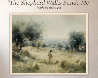 The Shepherd Walks Beside Me, Jesus Christ with Sheep Artwork, Christian Wall Art, Framed LDS Art, Modern Christian Art, Jesus and Sheep