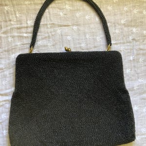 Vintage Black Beaded Handbag – Bags by Josef – Hand Beaded in Japan – 1950s to 60s Evening Clutch with Handle