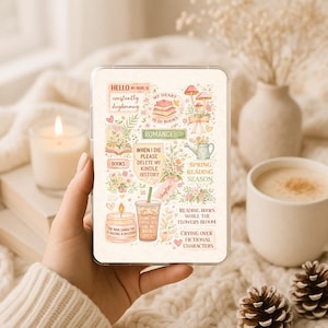 May include: A clear e-reader case featuring a collage of pastel-colored illustrations and text including 'Hello my name is constantly daydreaming', 'My heart is in books', 'Romance way', 'When I die please delete my Kindle history', and 'Spring reading season'.