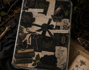 Dark Academia Kindle Insert, Gothic Bookish Collage with Black Roses, Letters and Key