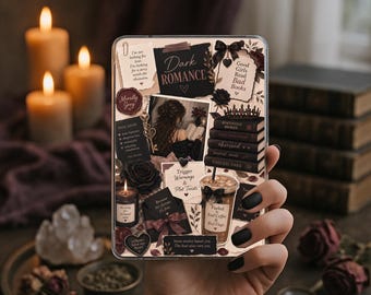 Mörk romantik Kindle-insats, moraliskt grått bokligt kollage med svarta rosor och läsarcitat