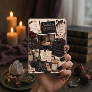 May include: A rectangular phone case featuring a collage of mystery-themed illustrations including a stack of books, a pocket watch, a coffee cup, dark roses, and text that reads Booked for Murder, Trust no one, and Fueled by Coffee & Murder Mysteries.