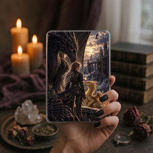 May include: A rectangular phone case featuring a detailed fantasy illustration of a person standing between a large dark dragon and a smaller golden dragon, with a castle in the background under a sunset sky, rendered in shades of black, gold, and grey.