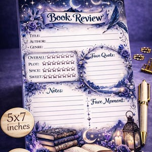 Puede incluir: Un bloc de notas de reseñas de libros de 12,7 x 17,8 cm con 25 hojas. El bloc de notas presenta un diseño celestial con las palabras "Book Review" en la parte superior. Incluye secciones para título, autor, género y calificaciones. Elementos decorativos: rosas, estrellas y luna.