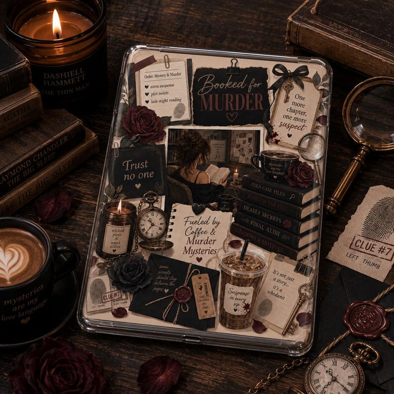Murder mystery Kindle insert with thriller books, suspect notes, fingerprints, evidence tags, coffee, pocket watch, black roses and burgundy bookish collage artwork.