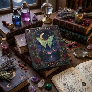 May include: A rectangular e-reader case featuring a central illustration of a green luna moth against a night sky with a crescent moon, framed by dark red roses and gold celestial motifs, surrounded by vintage books, glass potion bottles, and crystals.