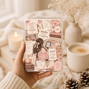 May include: A clear phone case featuring a collage of pink and brown illustrations including a person reading, stacks of books, coffee cups, and text such as just one more chapter, books before everything, cozy reader era, and fueled by iced coffee.