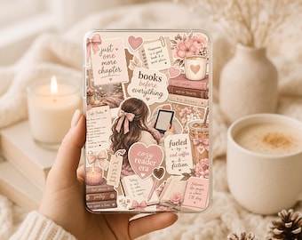 Rosa mysig Kindle-insats för läsare, bokligt klistermärkeskollage med rosetter, blommor och kaffe