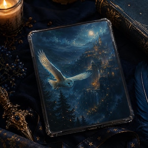 Op de afbeelding: Een doorzichtige beschermende tablethoes met een gedetailleerde illustratie van een witte uil in vlucht boven een donker, bebost berglandschap met een verlicht kasteel onder een volle maan, tegen een diepblauwe nachtelijke hemel.