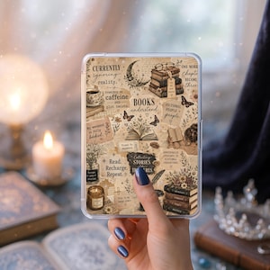 May include: A clear protective tablet case featuring a collage of vintage-style book-themed illustrations, including stacks of books, coffee cups, butterflies, a crescent moon, and inspirational text such as "Currently ignoring reality" and "Read. Recharge. Repeat."