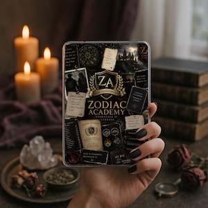 May include: A rectangular clear phone case featuring a collage of Zodiac Academy themed graphics, including a central crest with the letters ZA, the text Zodiac Academy, Knowledge is Carnage, and various small illustrations of scrolls, a castle, and symbols.