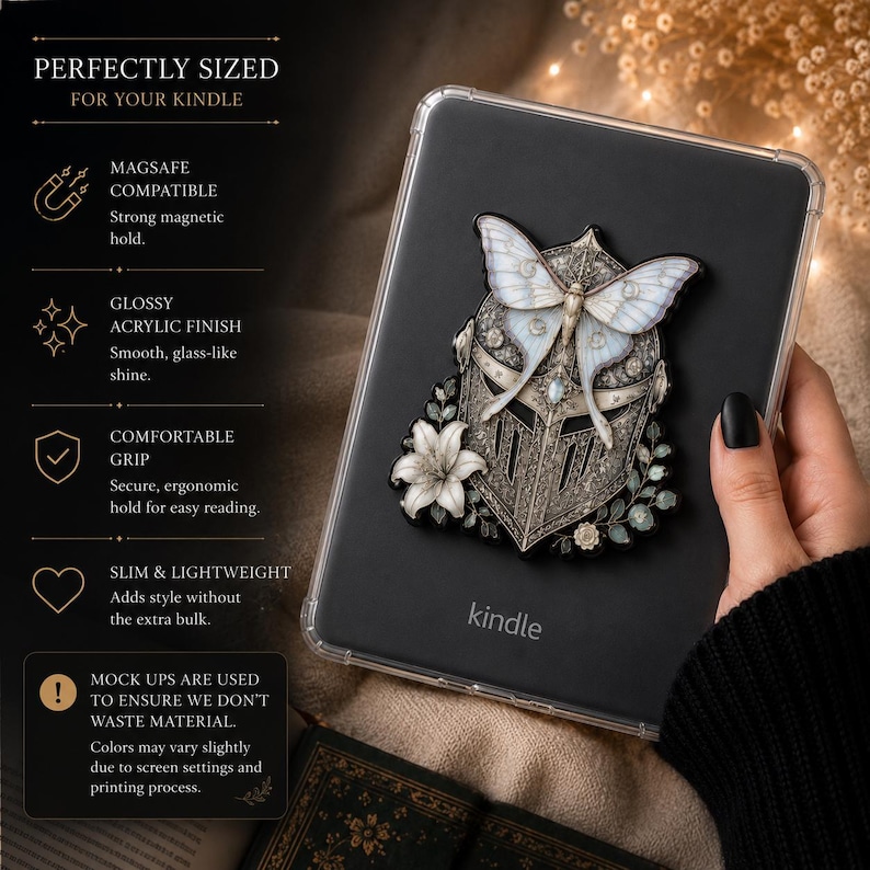 Luna Moth Knight Helmet Kindle Grip | Gothic Fantasy Acrylic Reader Accessory image 2