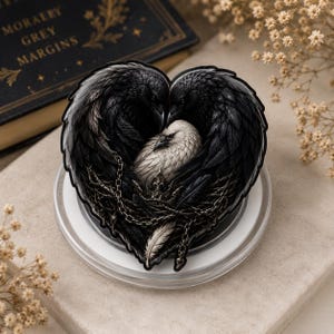 May include: A heart-shaped sticker or decorative piece featuring two black ravens facing each other, cradling a white bird in the center. The design includes intricate details of dark feathers, a metallic-looking crown, and draped chains.