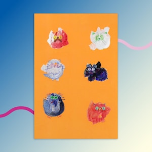 May include: Orange art print featuring six whimsical cat illustrations. Each cat is depicted in a unique style with varying colors, including red, white, blue, and black. The artwork has a playful and artistic aesthetic.