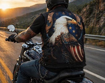 Colete patriótico tamanho XL para motociclista, feito à mão nos EUA, comemoração dos 250 anos, Black Eagle Rider. Presente perfeito.