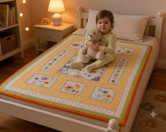Edredón infantil hecho a mano, ropa de cama infantil con estampado floral amarillo de abejas, manta para bebé unisex.