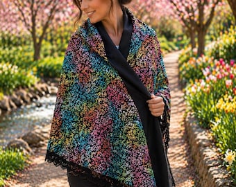 Xale/Cachecol Poncho Boho Reversível com Renda Floral Arco-Íris Feito à Mão