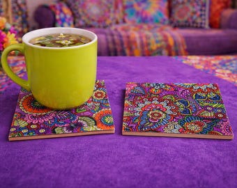 Conjunto de 2 porta-copos com azulejos em estilo mandala