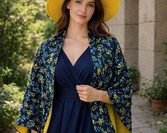 Midnight Garden Reversible Wrap Shawl, Handmade Floral Kimono, Navy and Yellow Lightweight Shoulder Cover