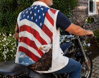 Colete Patriótico com Águia e Bandeira dos EUA | Jaqueta Artesanal em Algodão e Jeans Reciclado