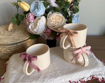 Handmade Ceramic Mug with Bow Handle – Elegant Gift Mug for Her | Romantic Cottagecore Cup for Coffee or Tea