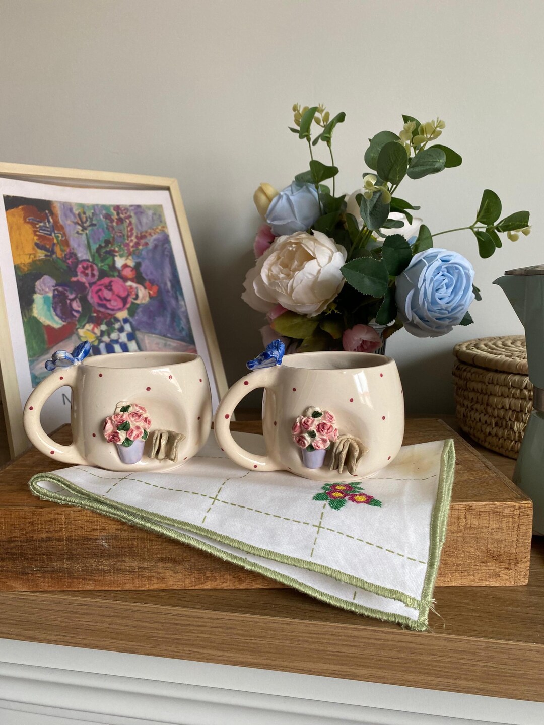 Handmade Floral Mug Set – Romantic Ceramic Coffee Cups With 3D Rose ...