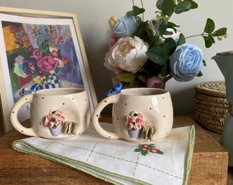 Handmade Floral Mug Set – Romantic Ceramic Coffee Cups with 3D Rose Details – Vintage-Inspired Gift for Her, Kitchen Decor