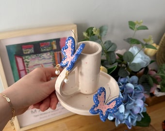 Butterfly Espresso Cup & Saucer Set – Handmade Ceramic Coffee Cup – Whimsical Pink Blue Mug – Boho Kitchen Gift – Cute Mug with Pearl Detail